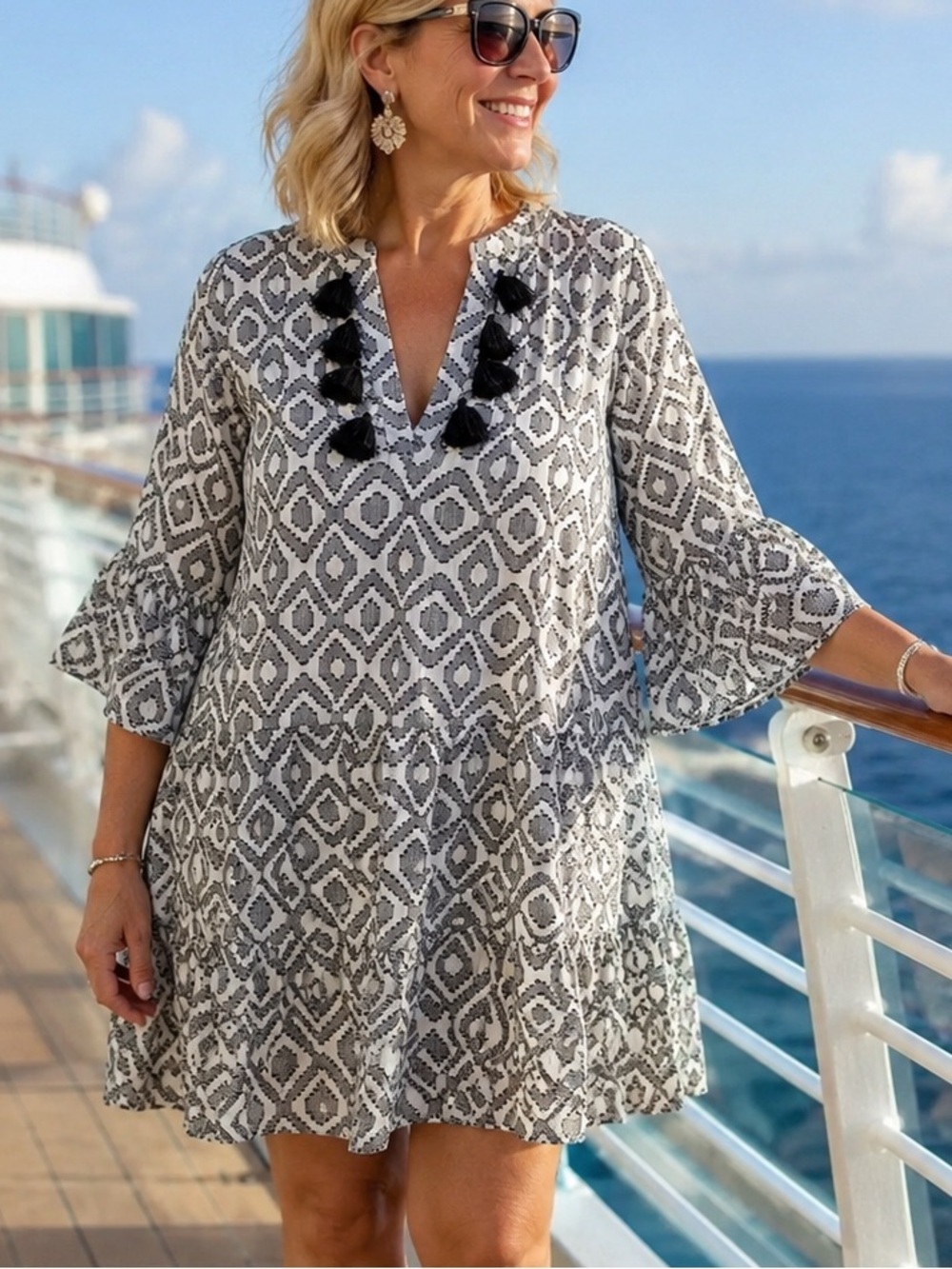 Tommy Bahama Black and White Geometric Tassel Midi Dress L